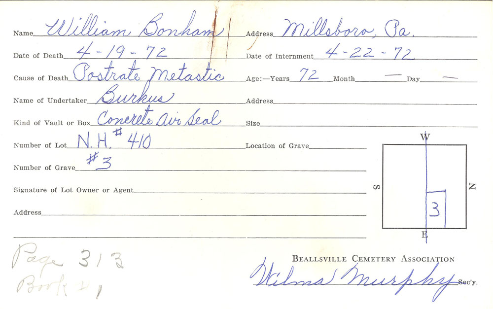 William F. Bonham burial card
